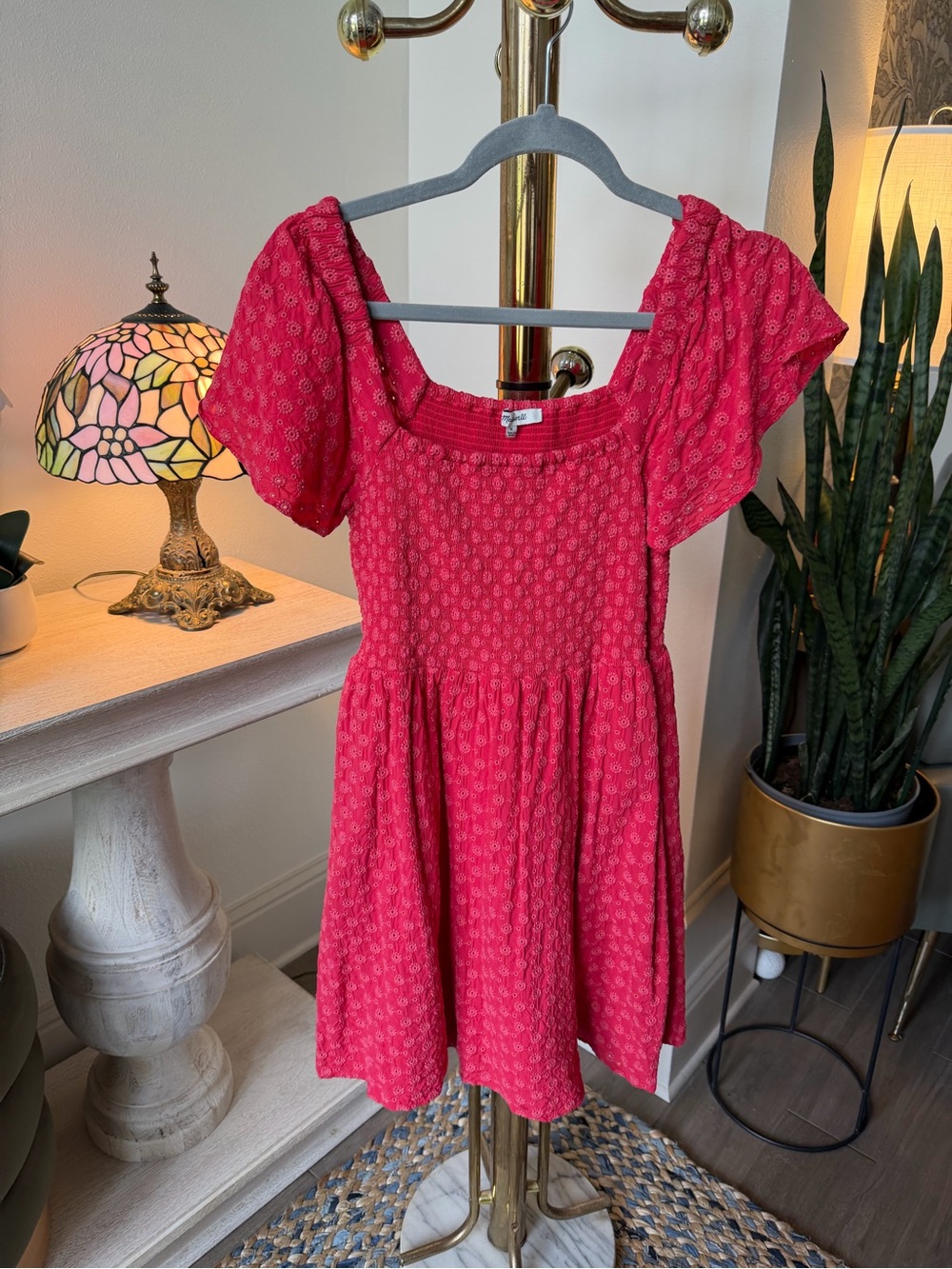 Madewell Americana Red Eyelet Embroidered Lucie Smocked Mini Dress